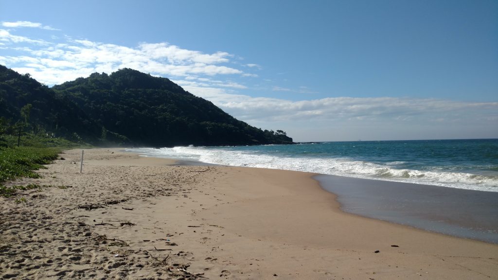 Praia Balneário Camboriú com areia clara e mar azul com montanha ao fundo Conheça Balneário Camboriú