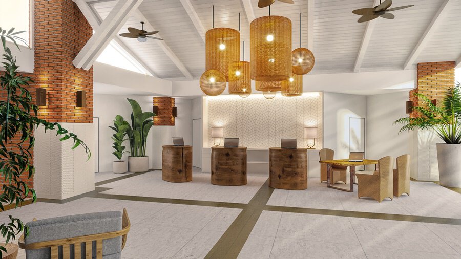 Espaço do Sauípe Premium com luzes, plantas, cadeiras, mesas e ventilador Sauípe Premium