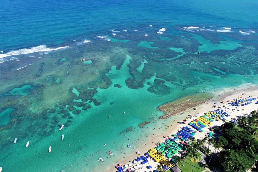 Praia de aguas claras e barracas coloridas vista de cima O que fazer em Porto de Galinhas