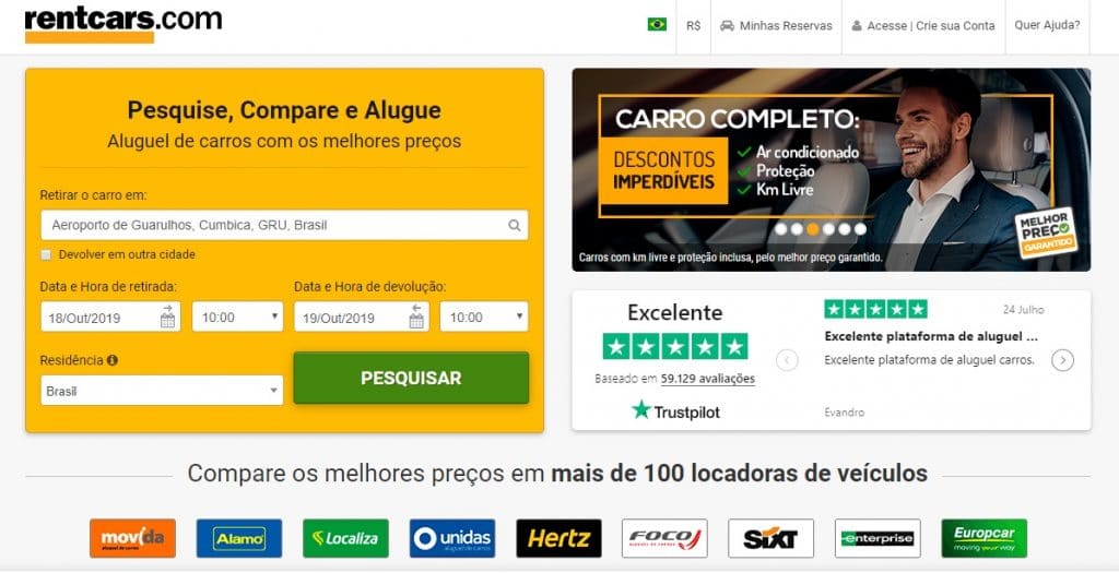 print do site da rentcars com a barra de busca de veículo Alugar um carro na Rentcars