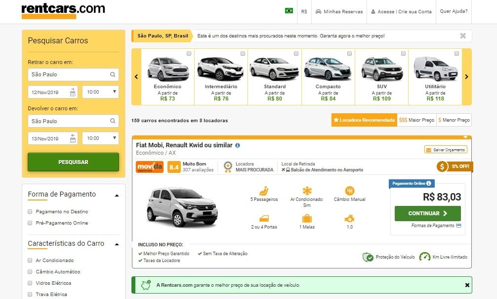 print da página do site da rentcars Como alugar um carro na Rentcars